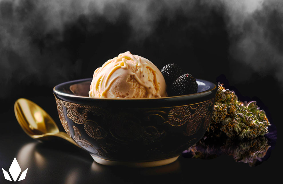 Ice cream bowl with a marijuana bud behind it.