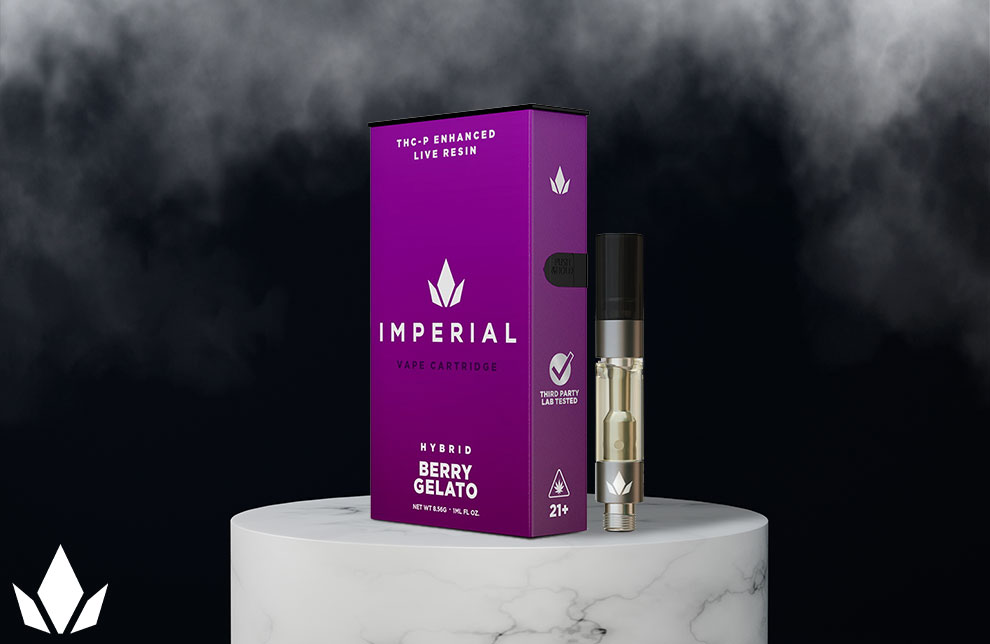 Imperial Vape Cartridge in Hybrid Berry Gelato flavor on white surface with purple box