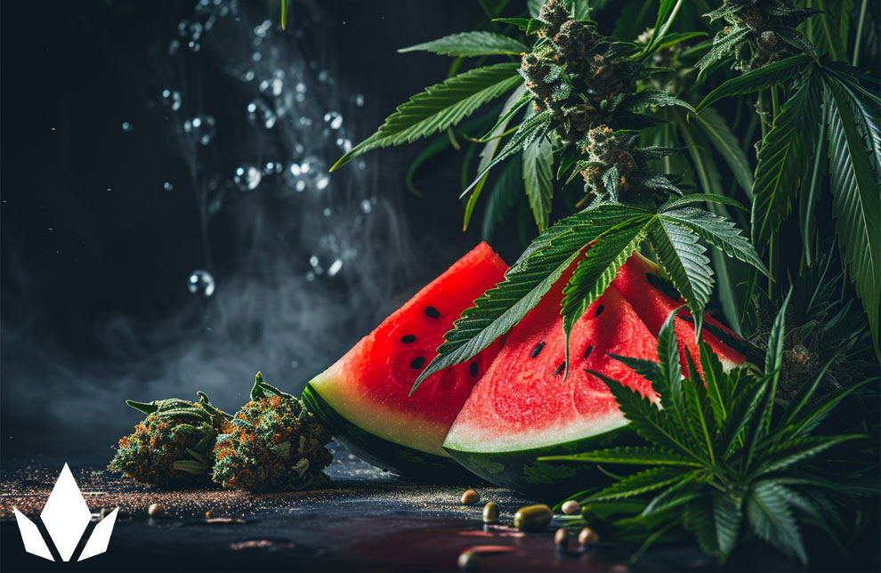 Two cannabis strains, two pieces of watermelon, and some cannabis plants placed on the ground against a black background
