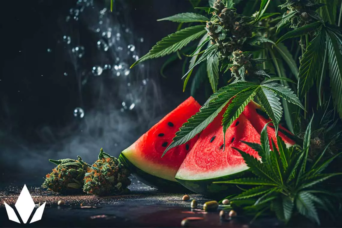 Slices of watermelon next to cannabis plants and a waterfall in the background.