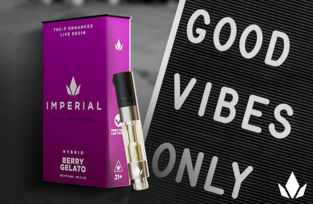 THC-P Imperial vape cartridge in Berry Gelato flavor against an ash-colored background