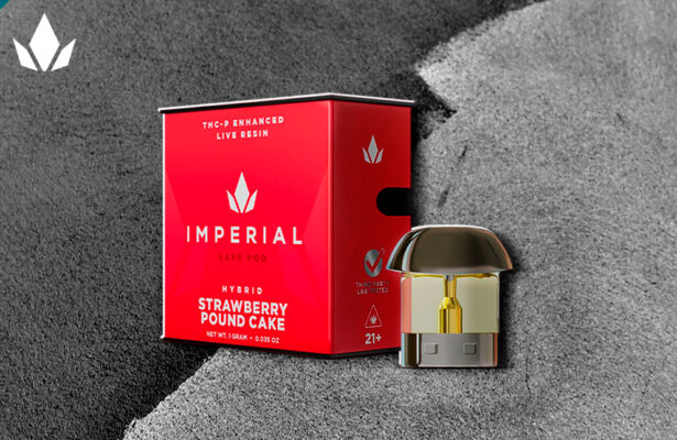 Imperial THC-P vape pod box, strawberry pound cake flavor, next to a pod on ash background