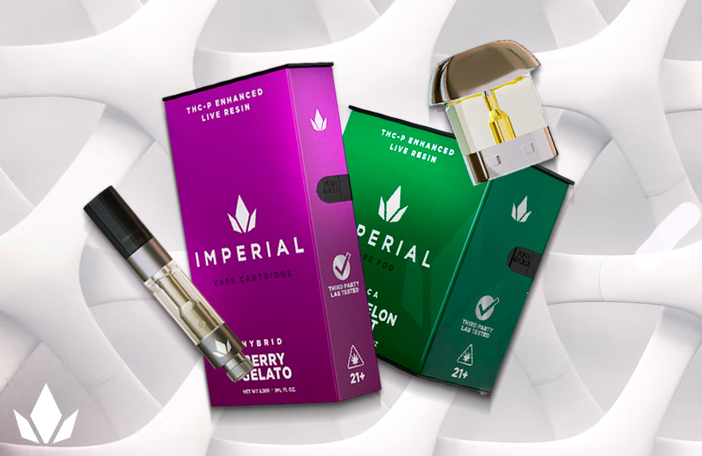 Two different flavors of Imperial vape cartridges, Berry Gelato and Watermelon Sherbet, are placed on a white surface