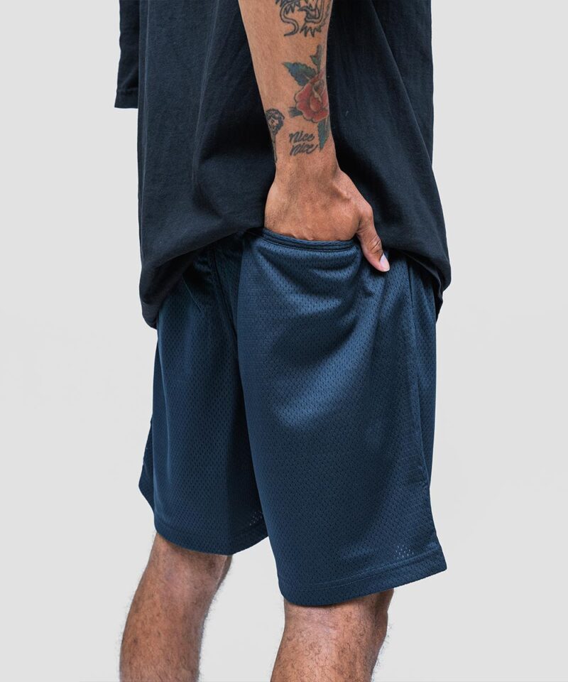 Imperial Merch essentials signature shorts in navy blue worn by model