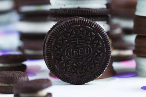 Oreo cookies stacked up.