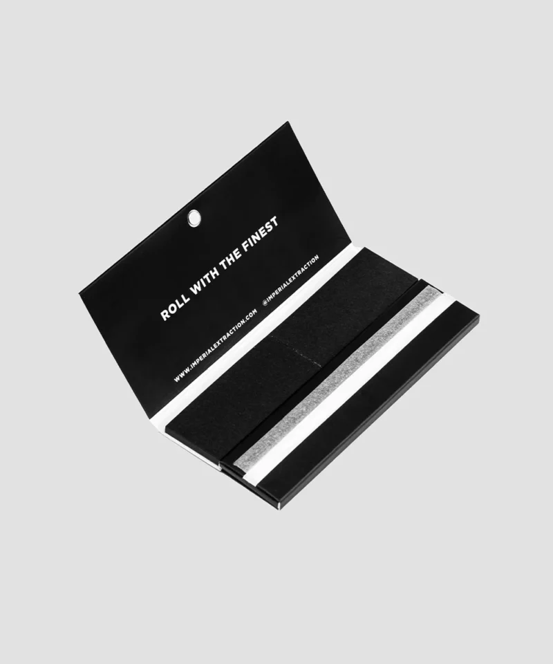 Imperial Extraction THCA flower king size magnetic rolling paper and booklet with flap open.