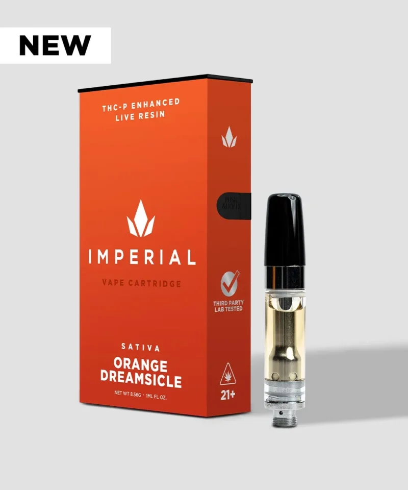 Imperial Extraction THCP vape cartridge with new badge, orange dreamsicle.