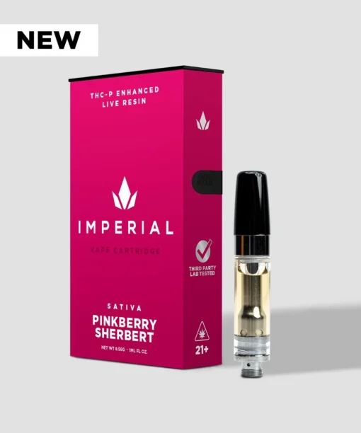 Imperial Extraction THCP vape cartridge with new badge, pinkberry sherbet.
